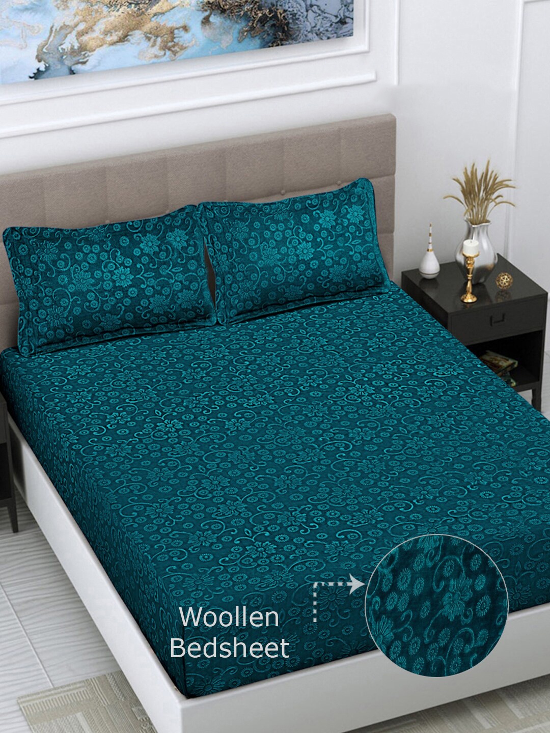 

FABINALIV Green Floral 300 TC Woollen Embossed King Size Bedsheet with 2 Pillow Covers, Teal