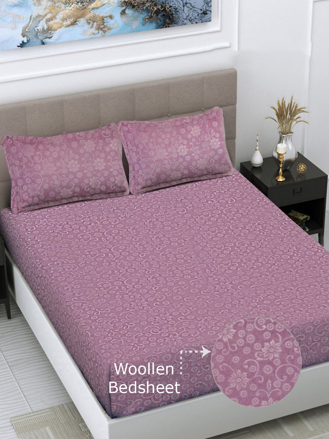 

FABINALIV Pink Floral 300 TC Woollen Embossed King Size Bedsheet with 2 Pillow Covers