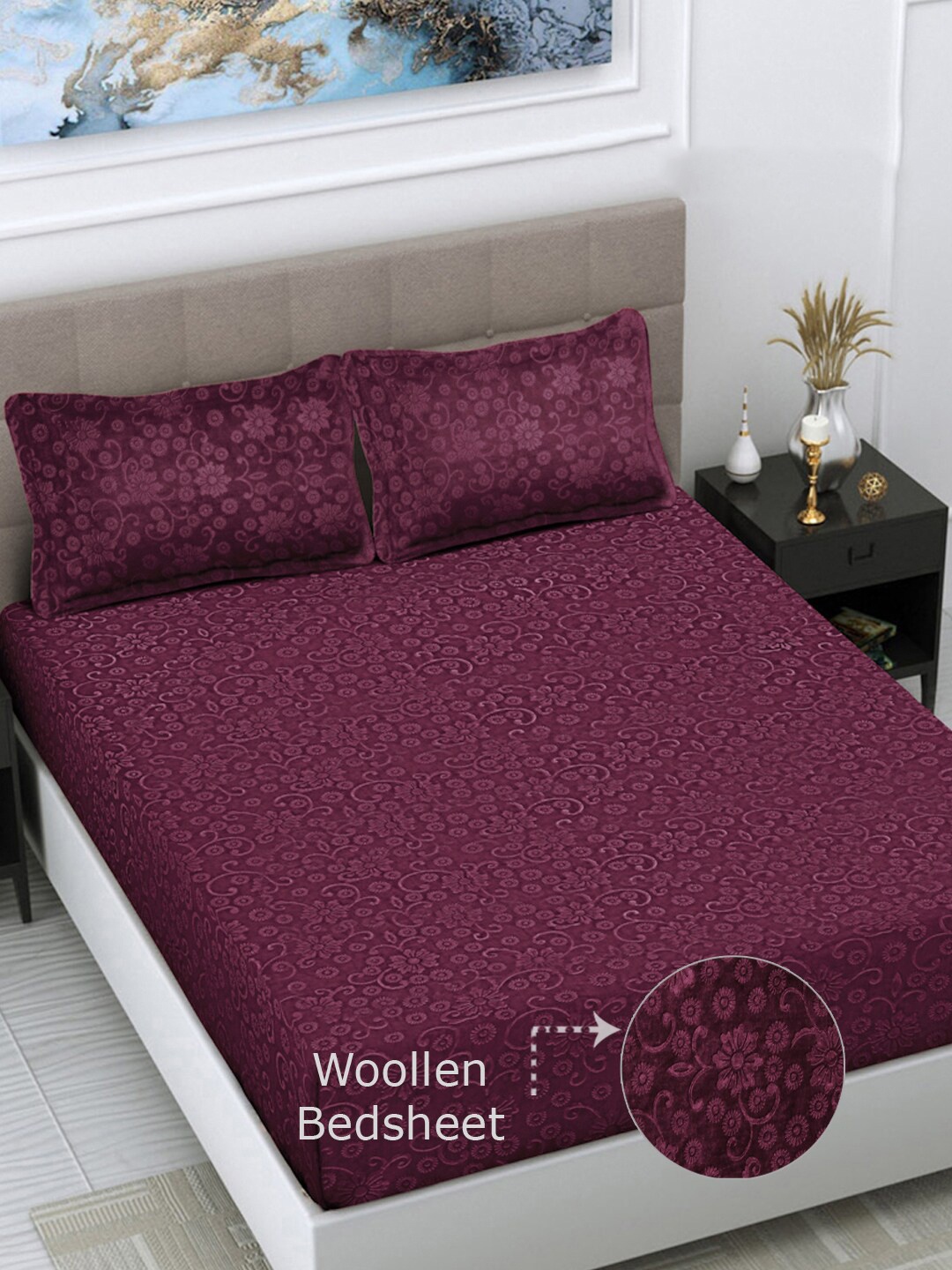 

FABINALIV Burgundy Floral 300 TC Woollen Embossed King Size Bedsheet with 2 Pillow Covers