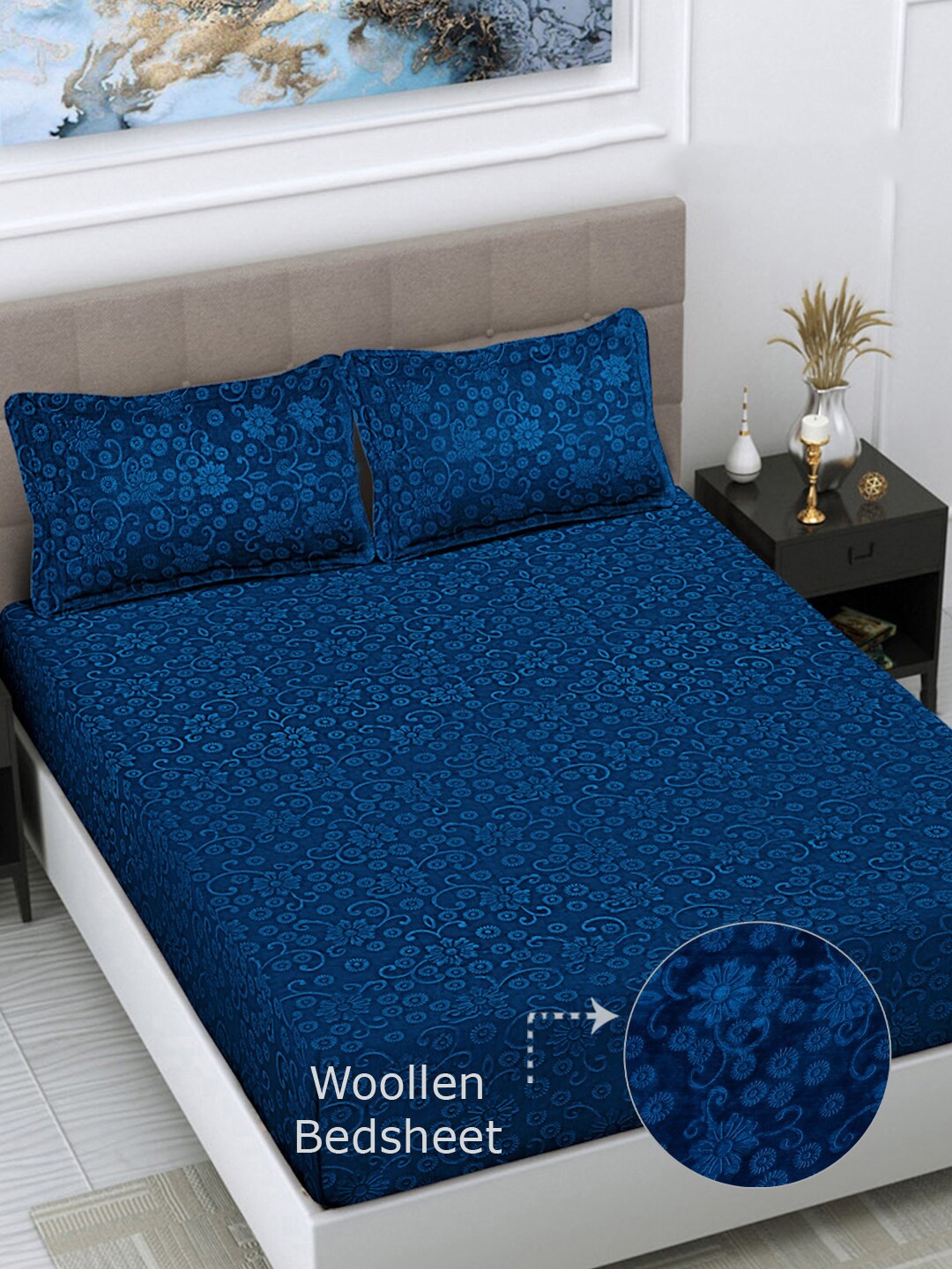 

FABINALIV Navy Blue Floral 300 TC Woollen Embossed King Size Bedsheet & 2 Pillow Covers