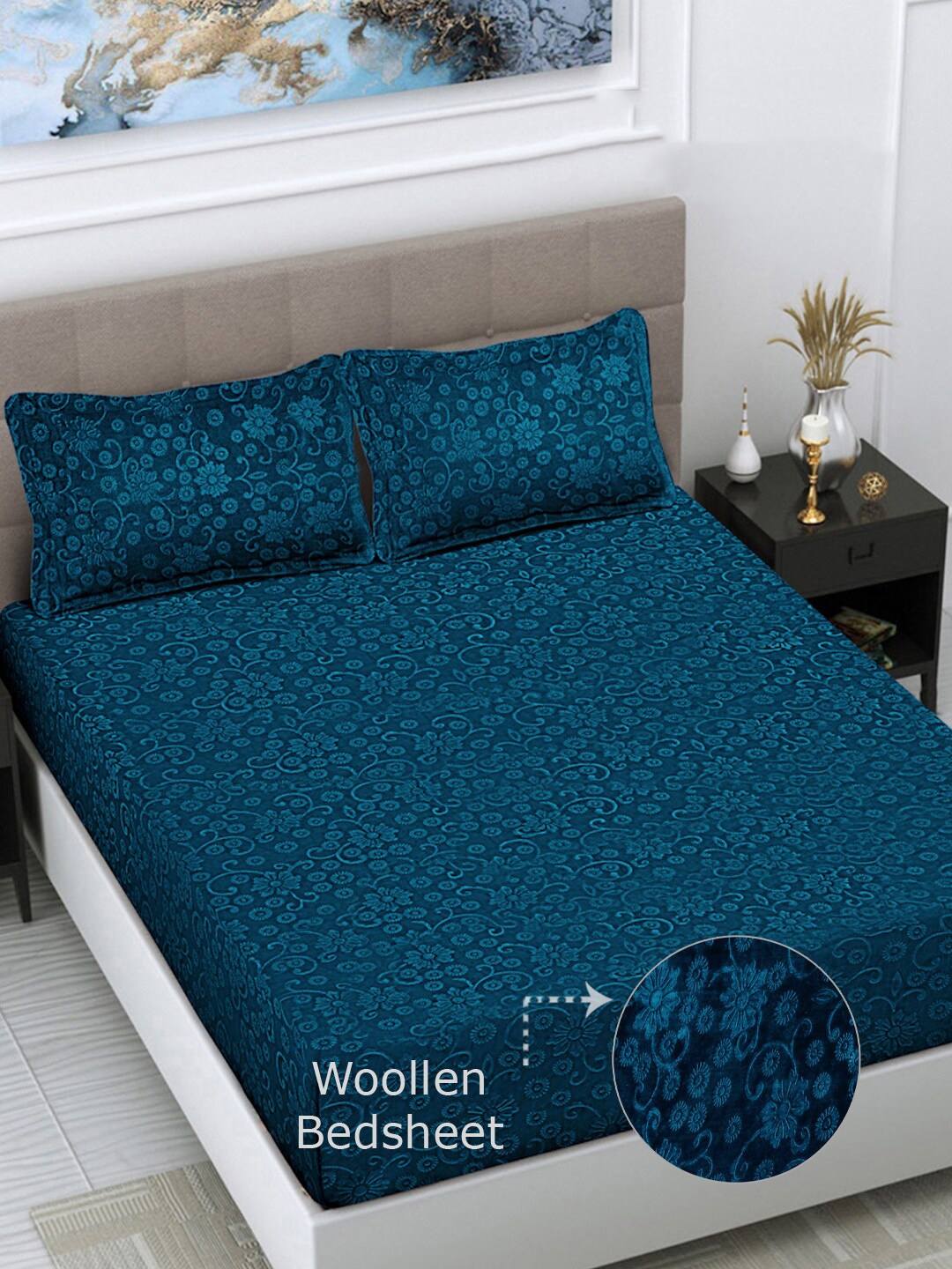 

FABINALIV Blue Floral 300 TC Woollen Embossed King Size Bedsheet with 2 Pillow Covers, Turquoise blue