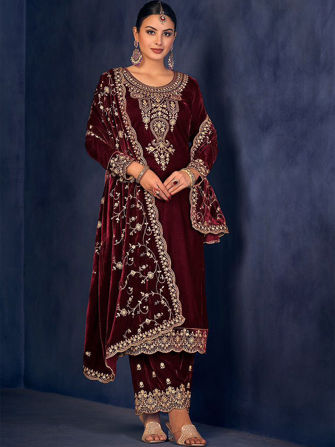 

KALINI Ethnic Motifs Embroidered Velvet Unstitched Dress Material, Maroon