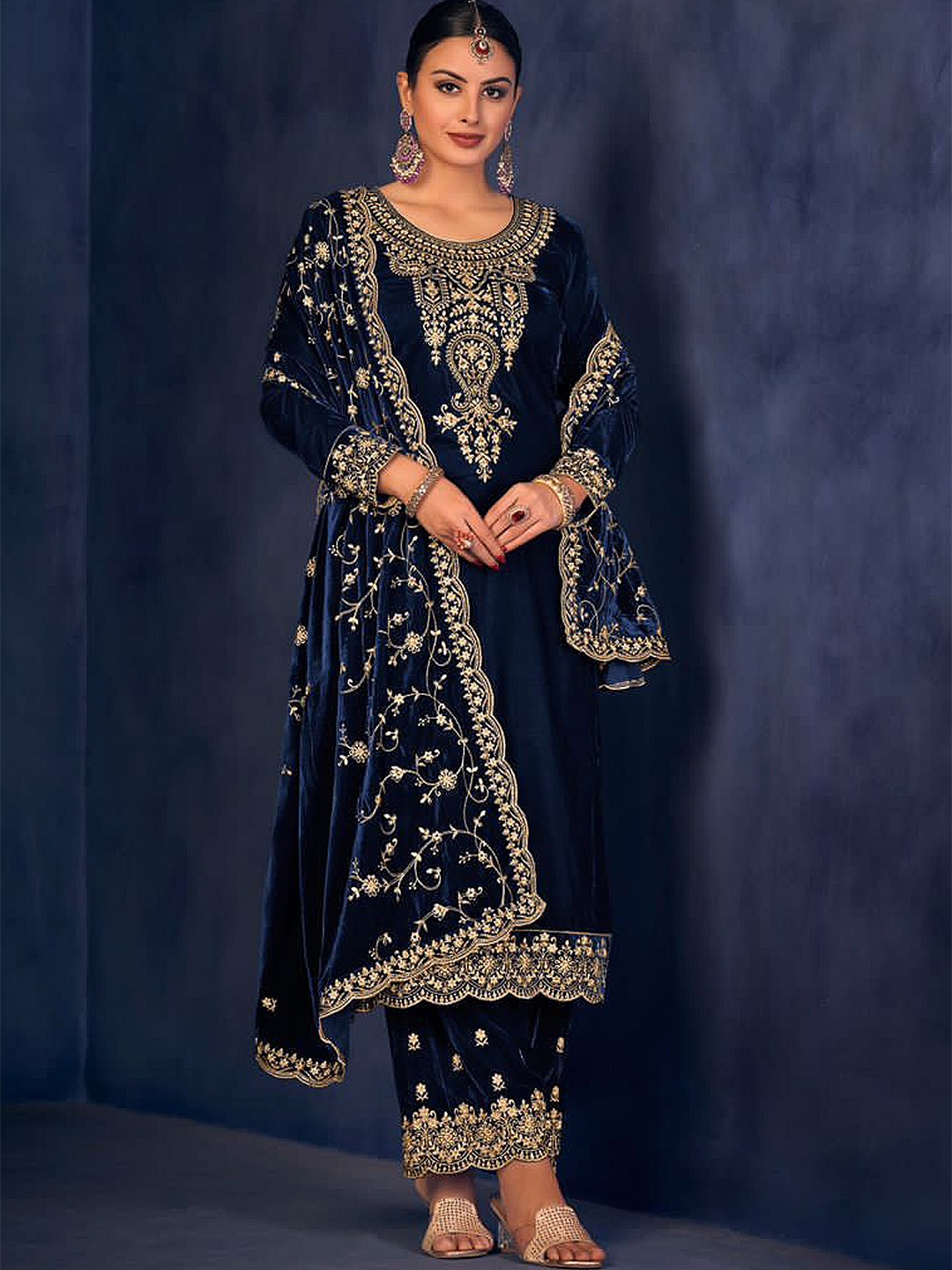 

KALINI Ethnic Motifs Embroidered Velvet Unstitched Dress Material, Blue