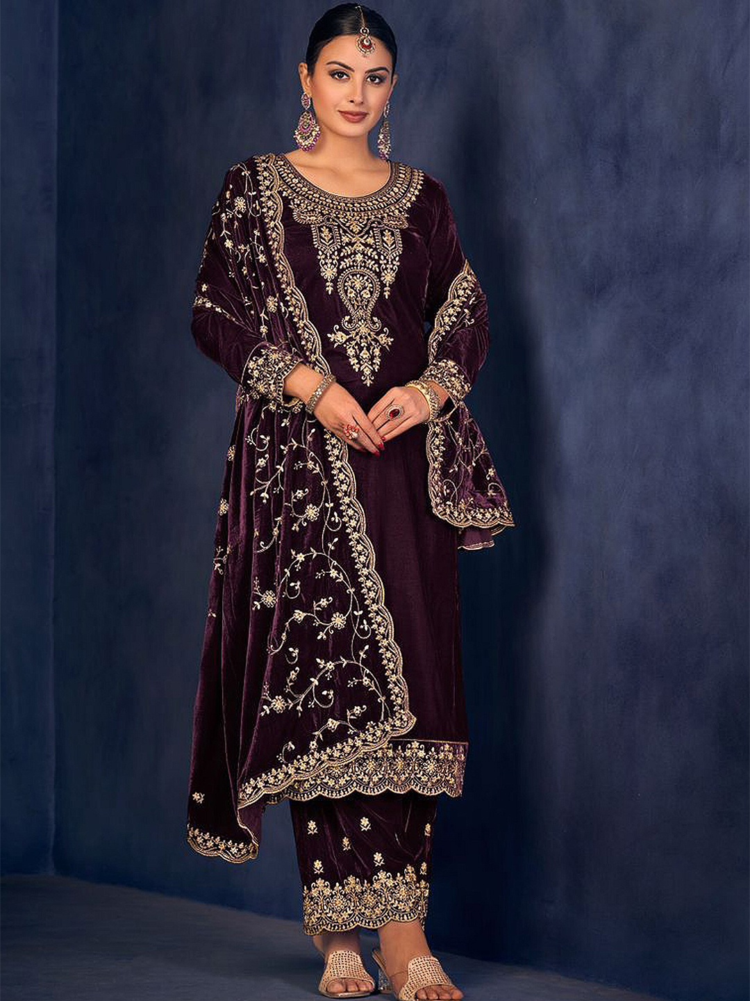 

KALINI Ethnic Motifs Embroidered Velvet Unstitched Dress Material, Purple