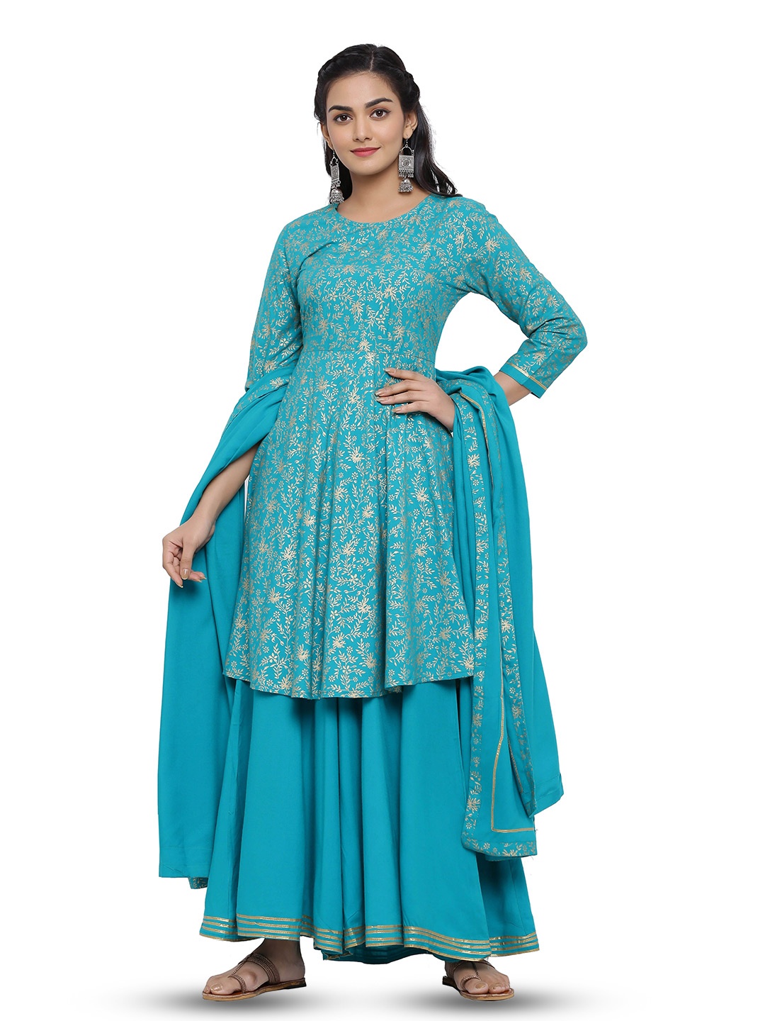 

mirari Floral Jaal Printed Round Neck Anarkali Kurta & Sharara With Dupatta, Turquoise blue