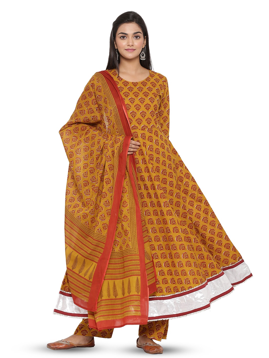 

mirari Women Printed Cotton Anarkali Suit Set With Dupatta, Mustard
