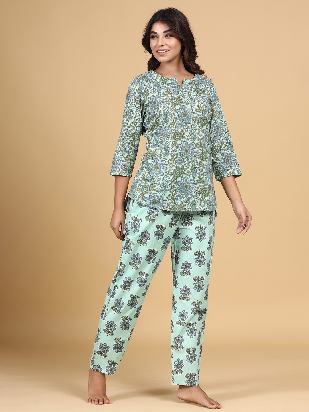 

mirari Floral Printed Pure Cotton Night Suit, Sea green