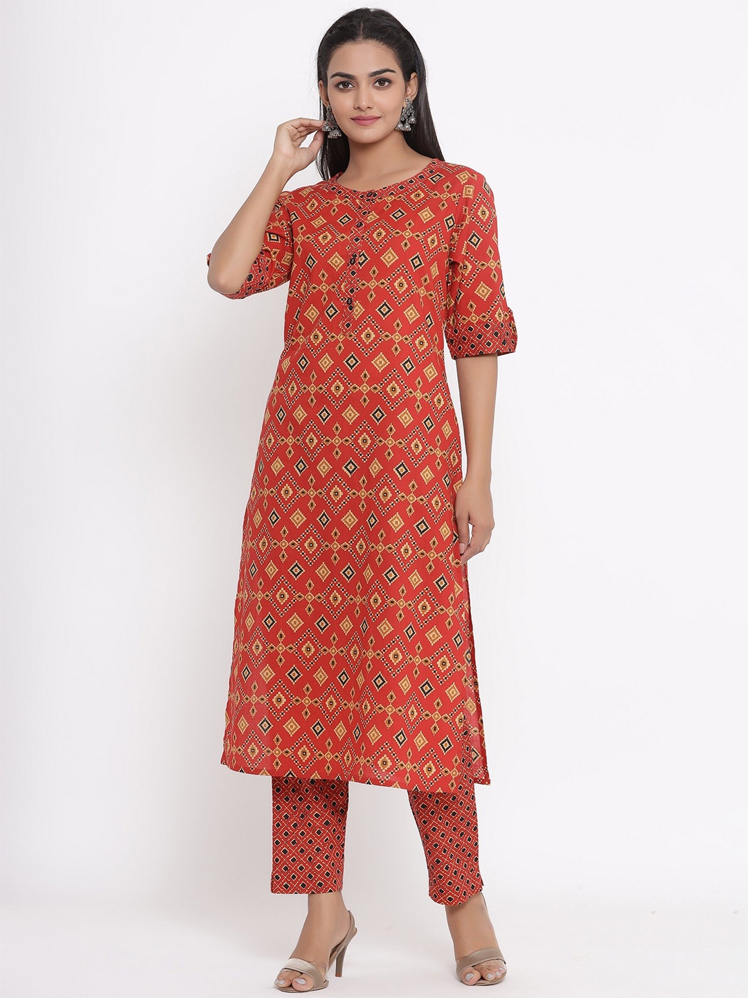 

mirari Ikkat Printed Round Neck Pure Cotton Straight Kurta with Trousers, Orange