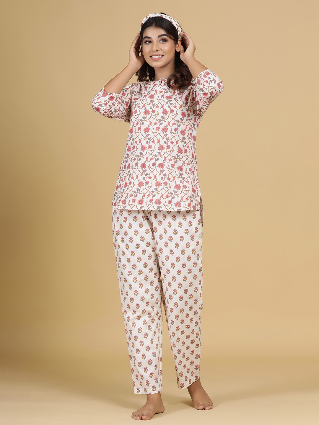 

mirari Floral Printed Pure Cotton Top With Pyjamas, Pink