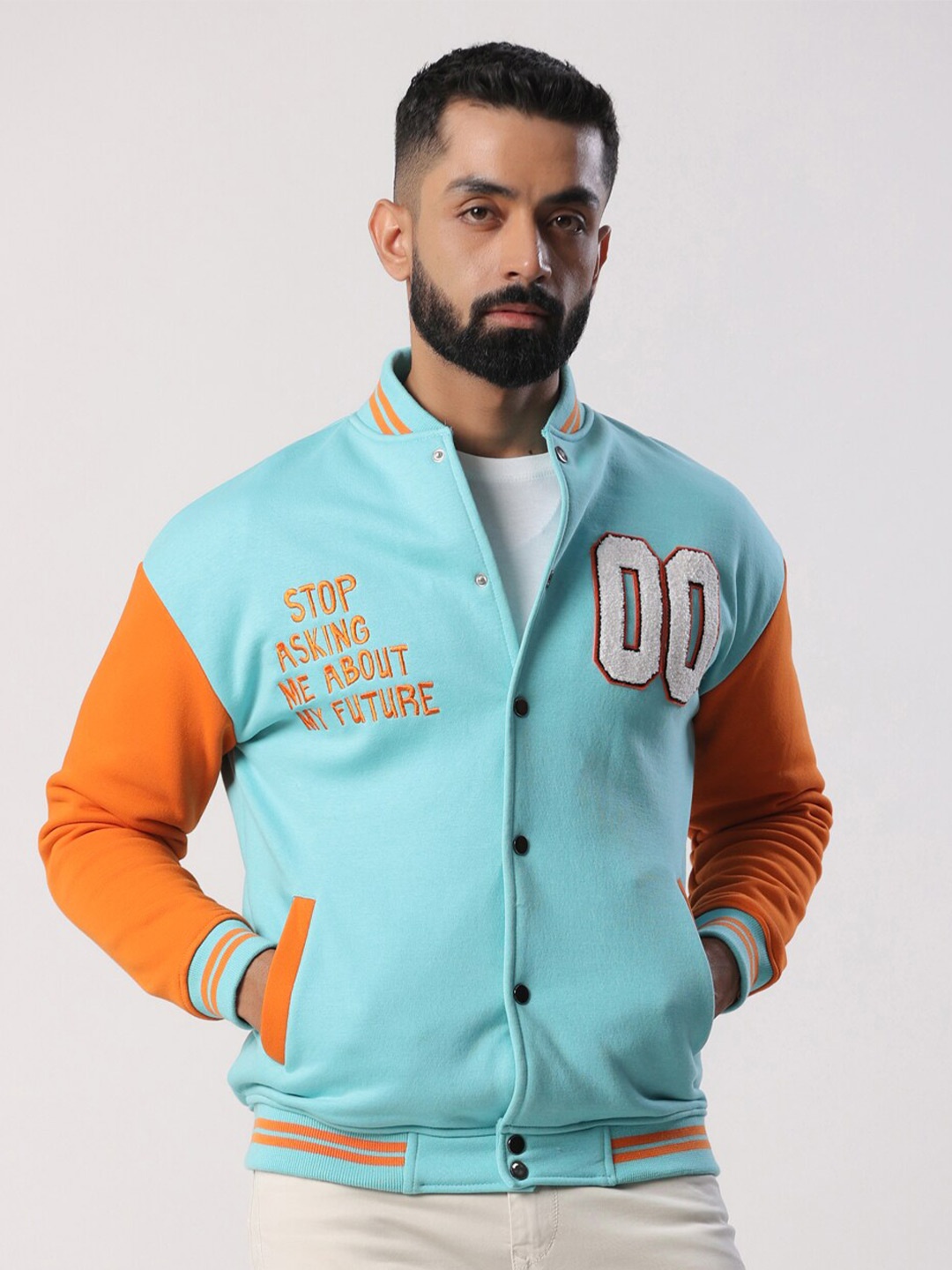 

Tistabene Typography Embroidered Lightweight Cotton Varsity Jacket, Blue