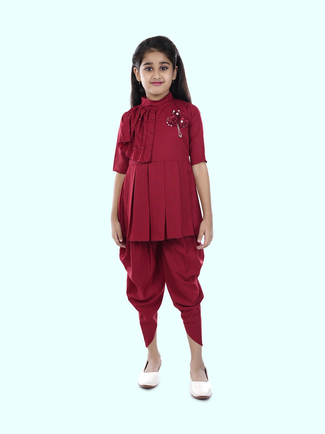 

BURBN Girls Embellished Top With Dhoti Pants, Maroon