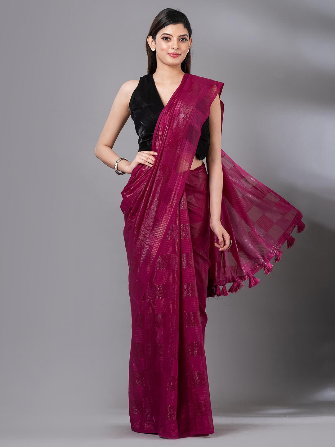 

MAHALASA Magenta Checked Striped Embroidered Organza Saree