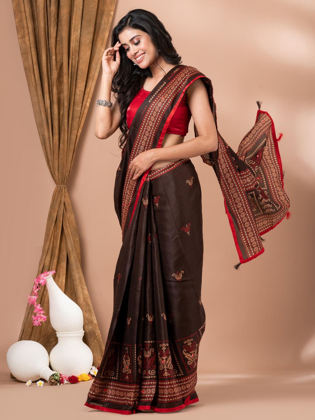 MAHALASA Coffee Brown Floral Embroidered Jute Silk Saree