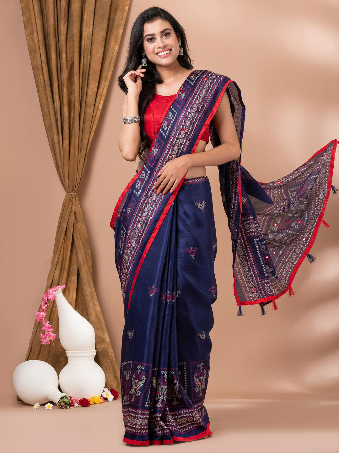 

MAHALASA Floral Printed Embroidered Jute Silk Saree, Navy blue
