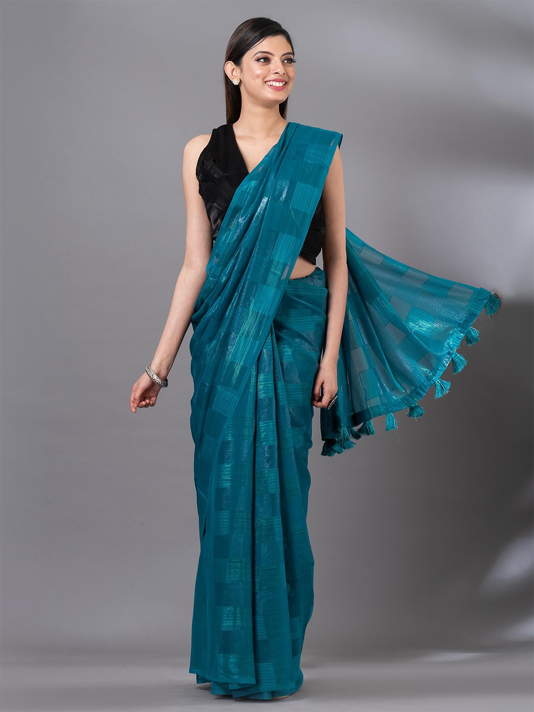 

MAHALASA Checked Striped Organza Saree, Teal