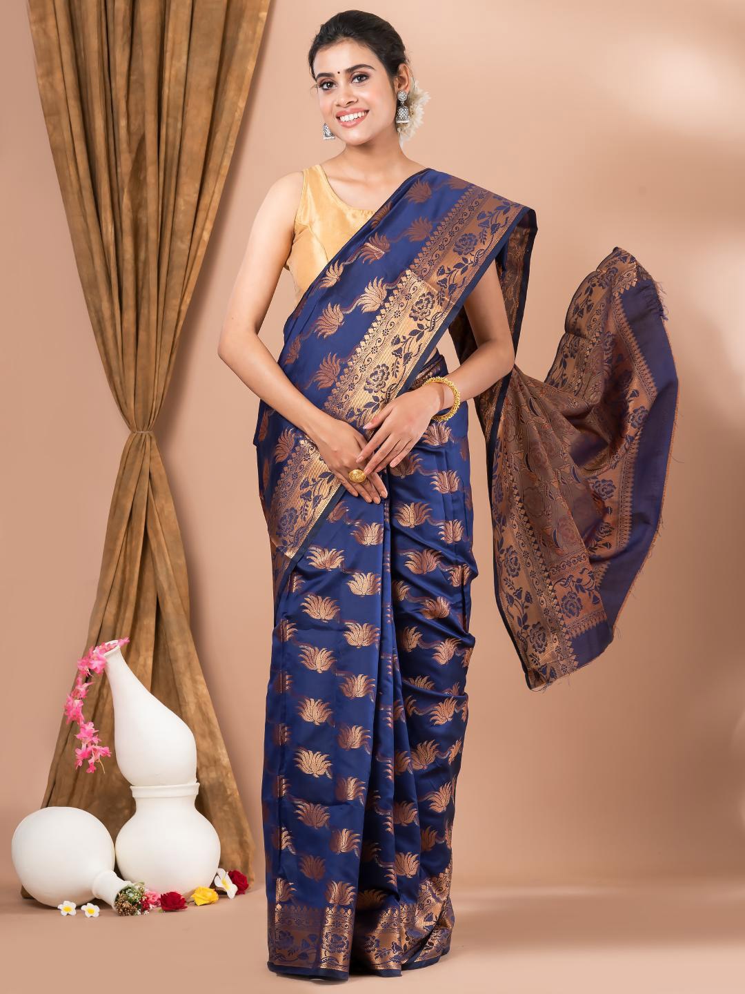 

MAHALASA Ethnic Motifs Woven Design Zari Silk Cotton Saree, Navy blue