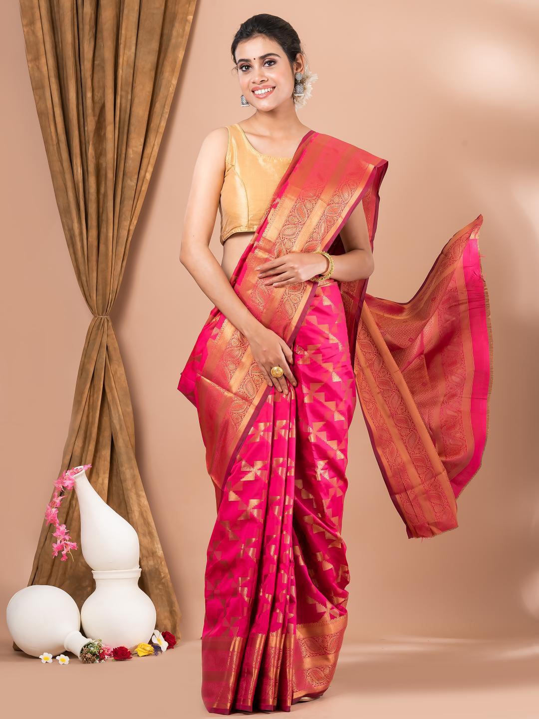 

MAHALASA Geometric Woven Design Zari Silk Cotton Saree, Pink