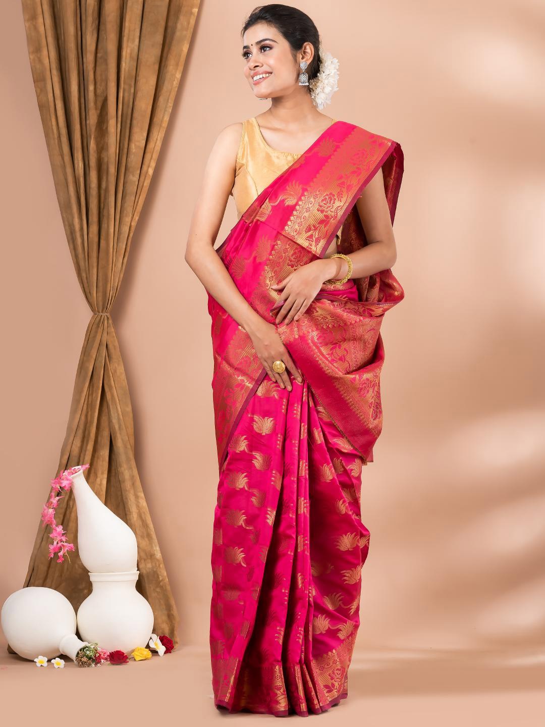 

MAHALASA Floral Woven Design Zari Silk Cotton Saree, Red