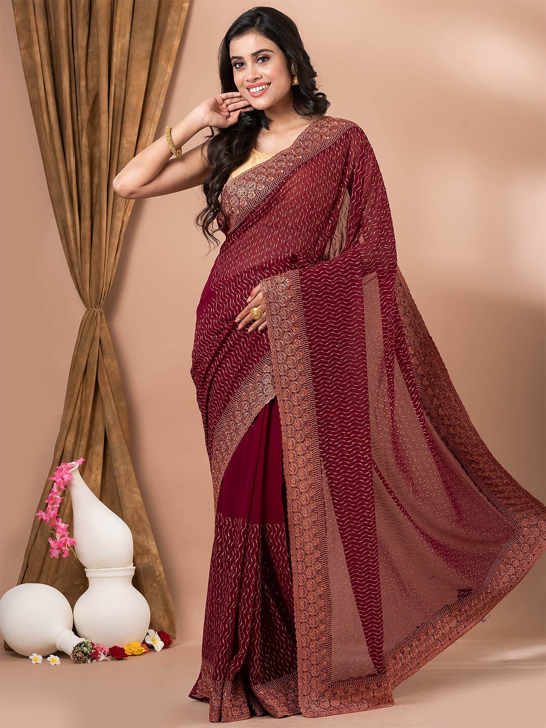 MAHALASA Embellished Embroidered Pure Silk Saree, Magenta