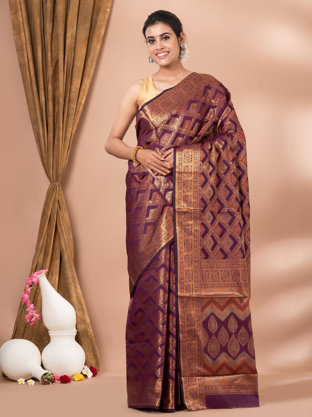 

MAHALASA Magenta and CopperToned Ethnic Woven Design Silk Cotton Saree