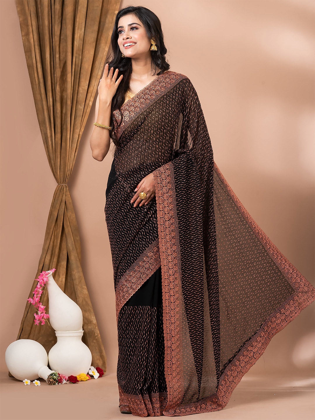

MAHALASA Black and Pink Embellished Embroidered Pure Silk Saree