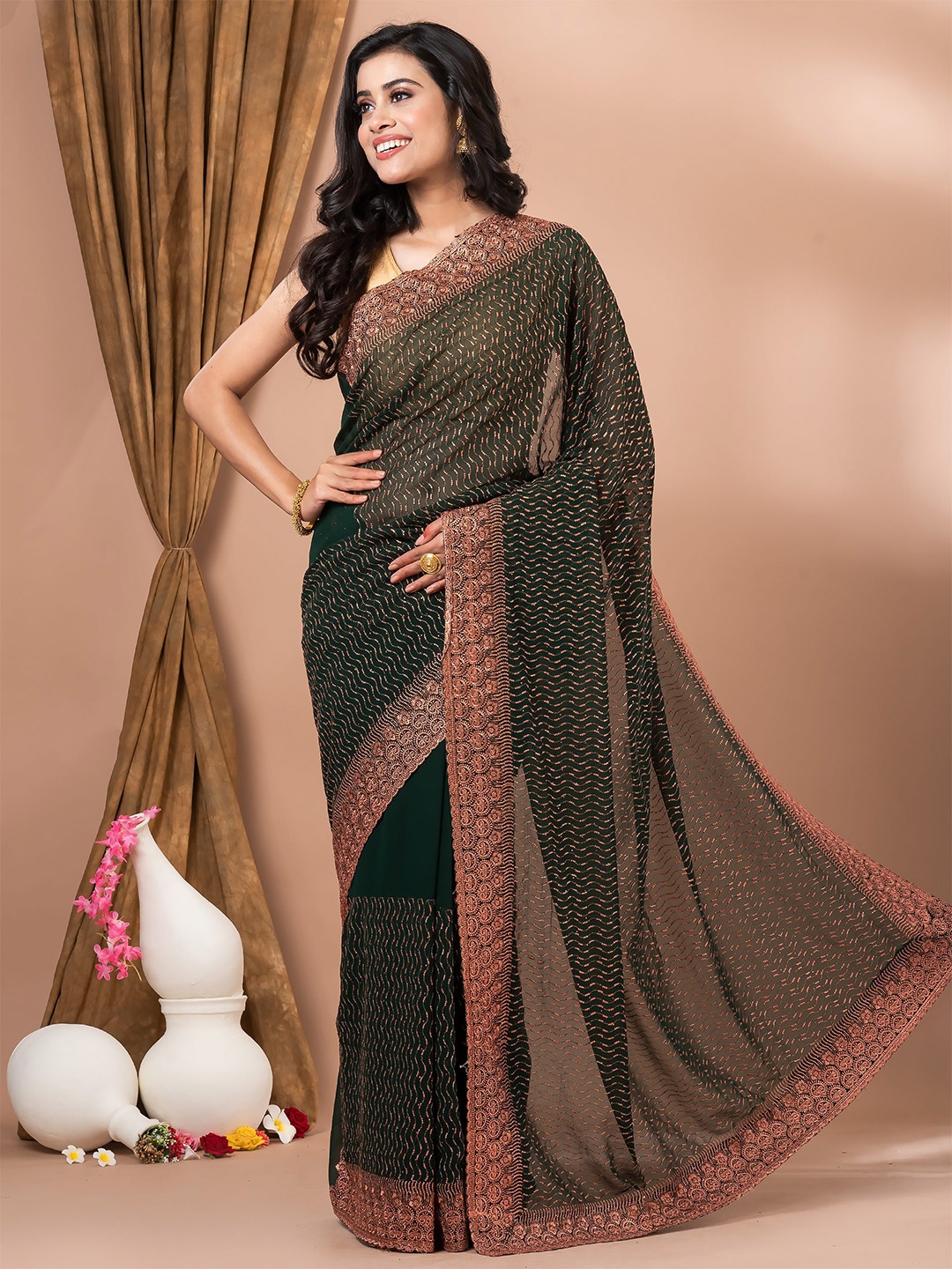 

MAHALASA Embellished Embroidered Pure Silk Saree, Olive