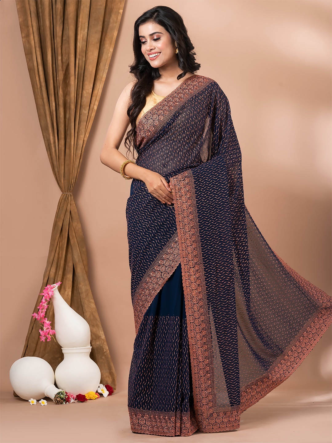 

MAHALASA Navy Blue and CopperToned Embellished Embroidered Pure Silk Saree