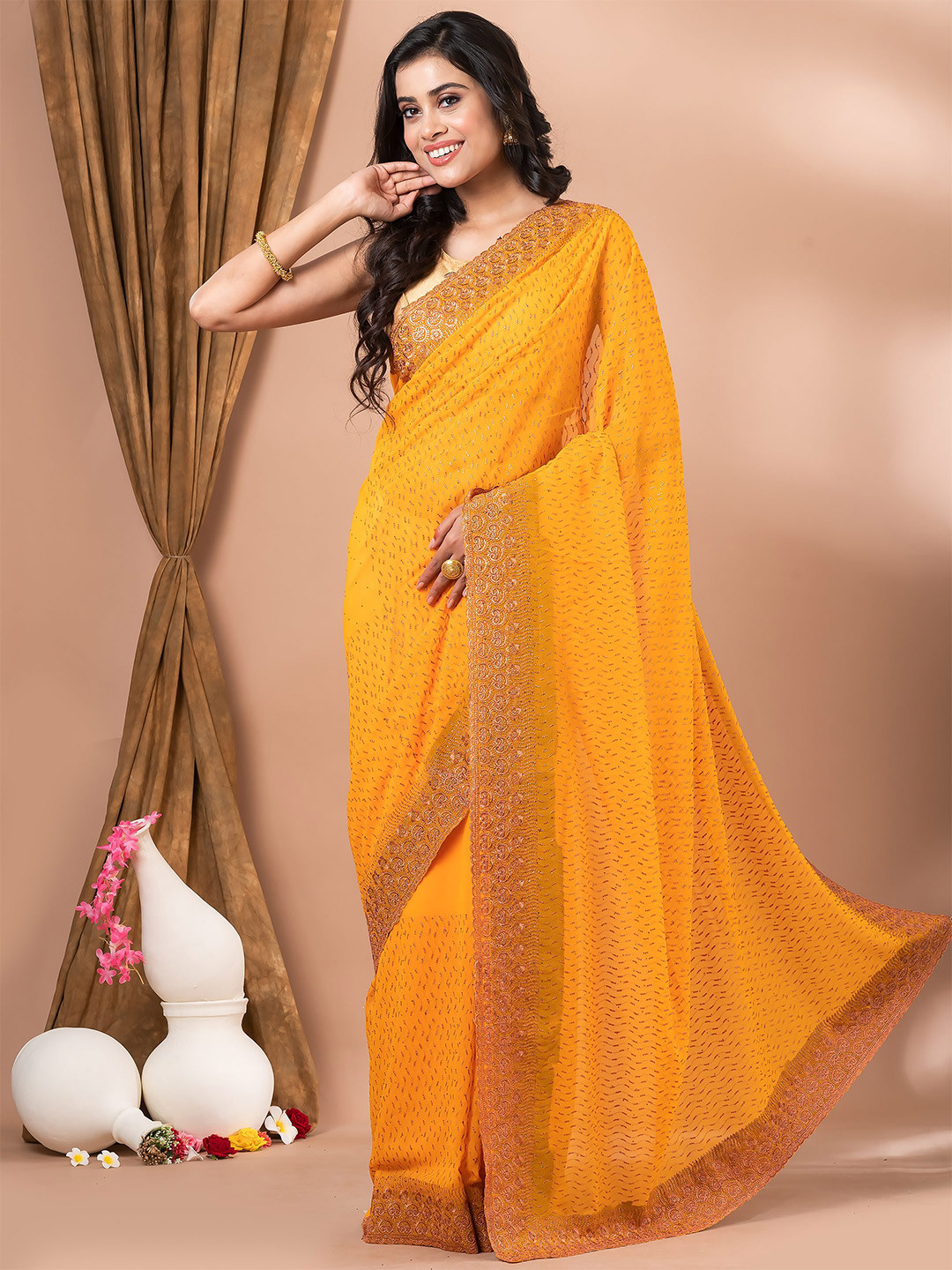 

MAHALASA Yellow and GoldToned Embellished Embroidered Pure Silk Saree