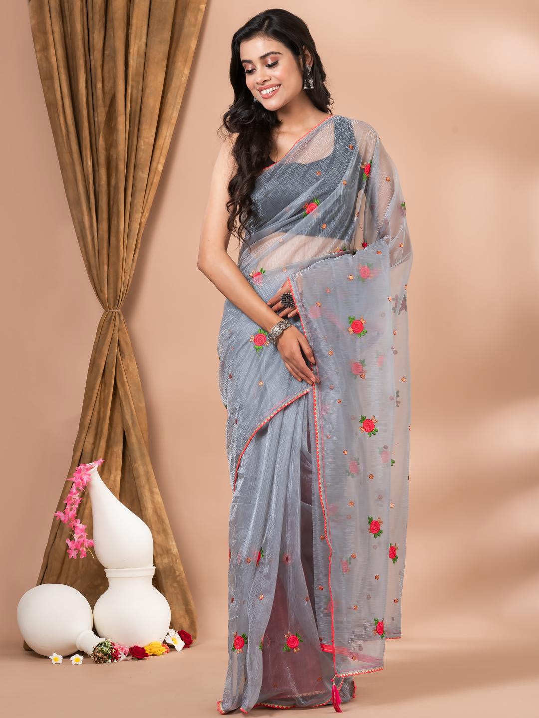 

MAHALASA Floral Embroidered Organza Saree, Grey