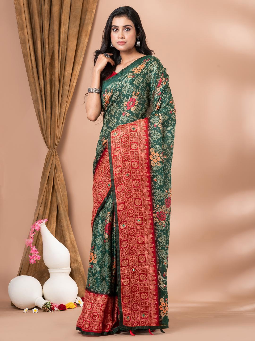 

MAHALASA Green and Red Floral Embroidered Jute Silk Saree