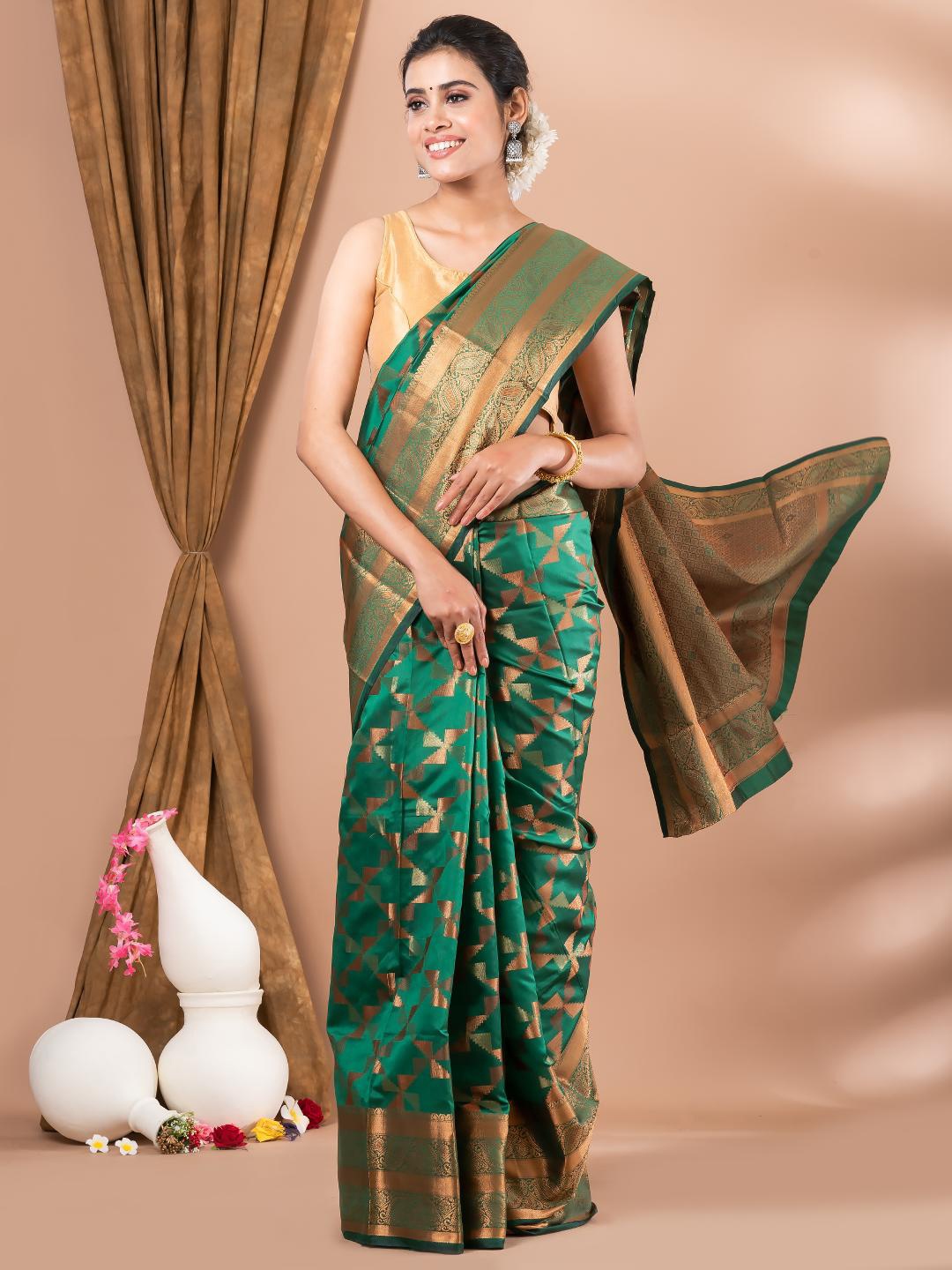 

MAHALASA Ethnic Motifs Woven Design Zari Silk Cotton Saree, Green