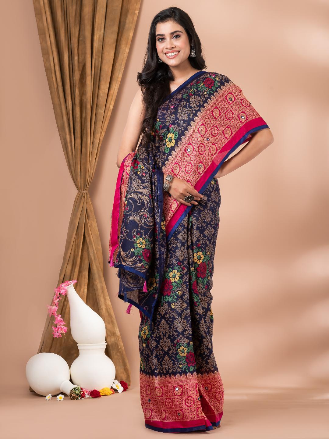 MAHALASA Floral Woven Design Saree, Navy blue