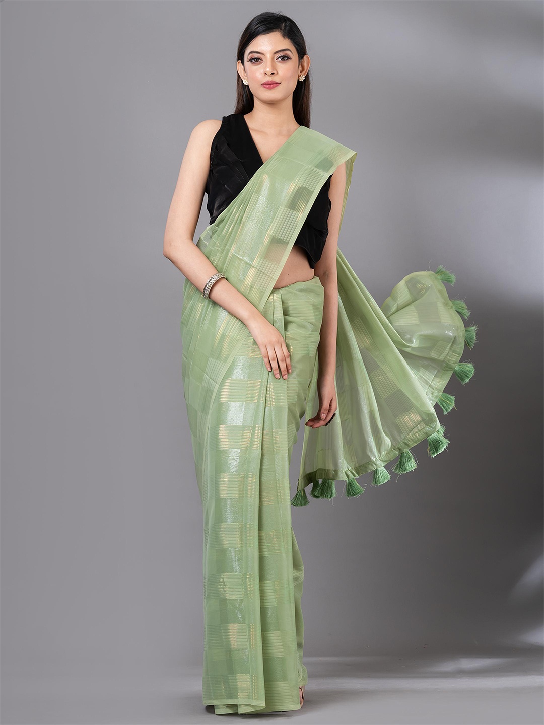 

MAHALASA Checked Striped Organza Saree, Lime green
