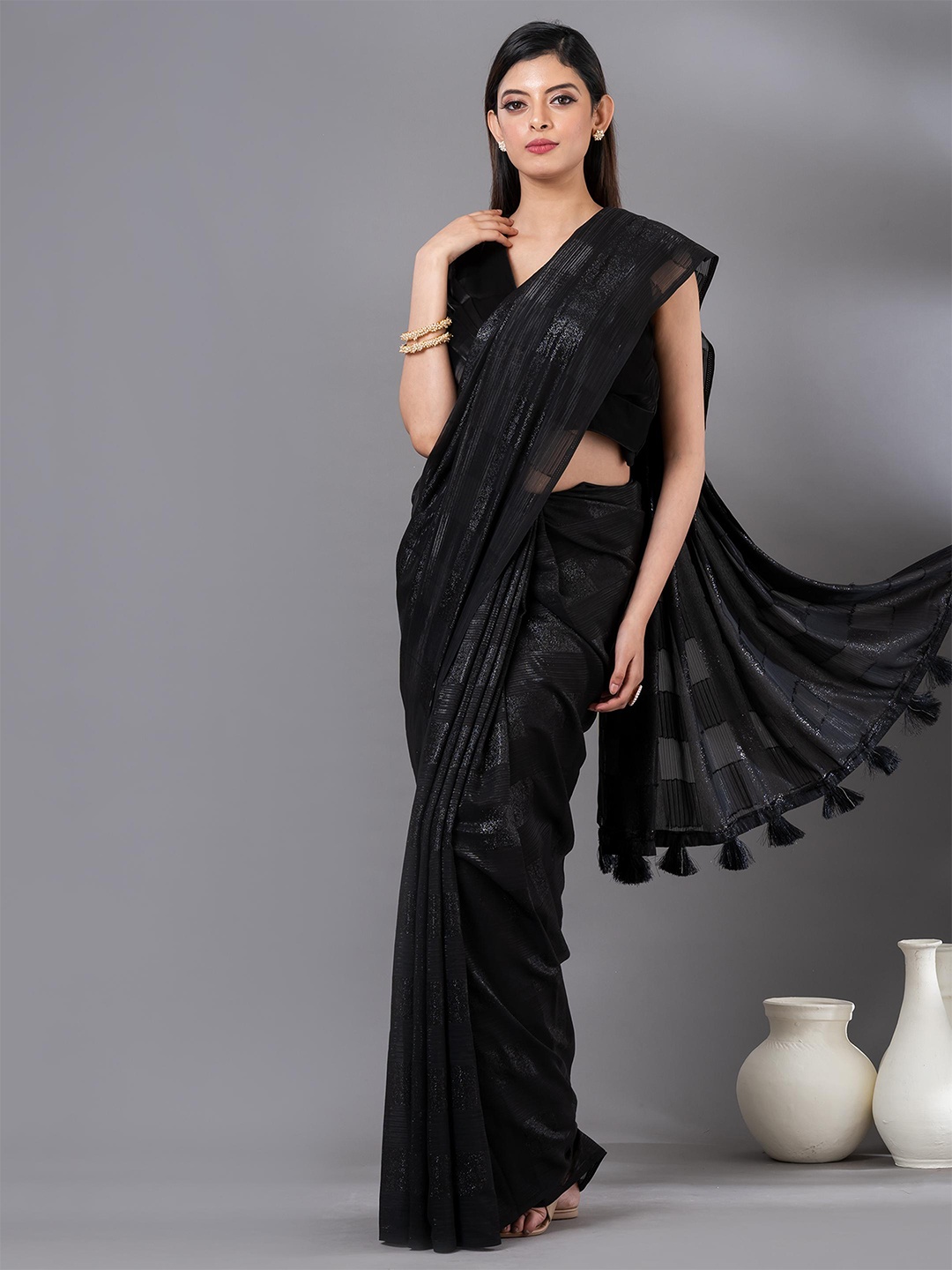 

MAHALASA Black Checked Striped Embroidered Organza Saree