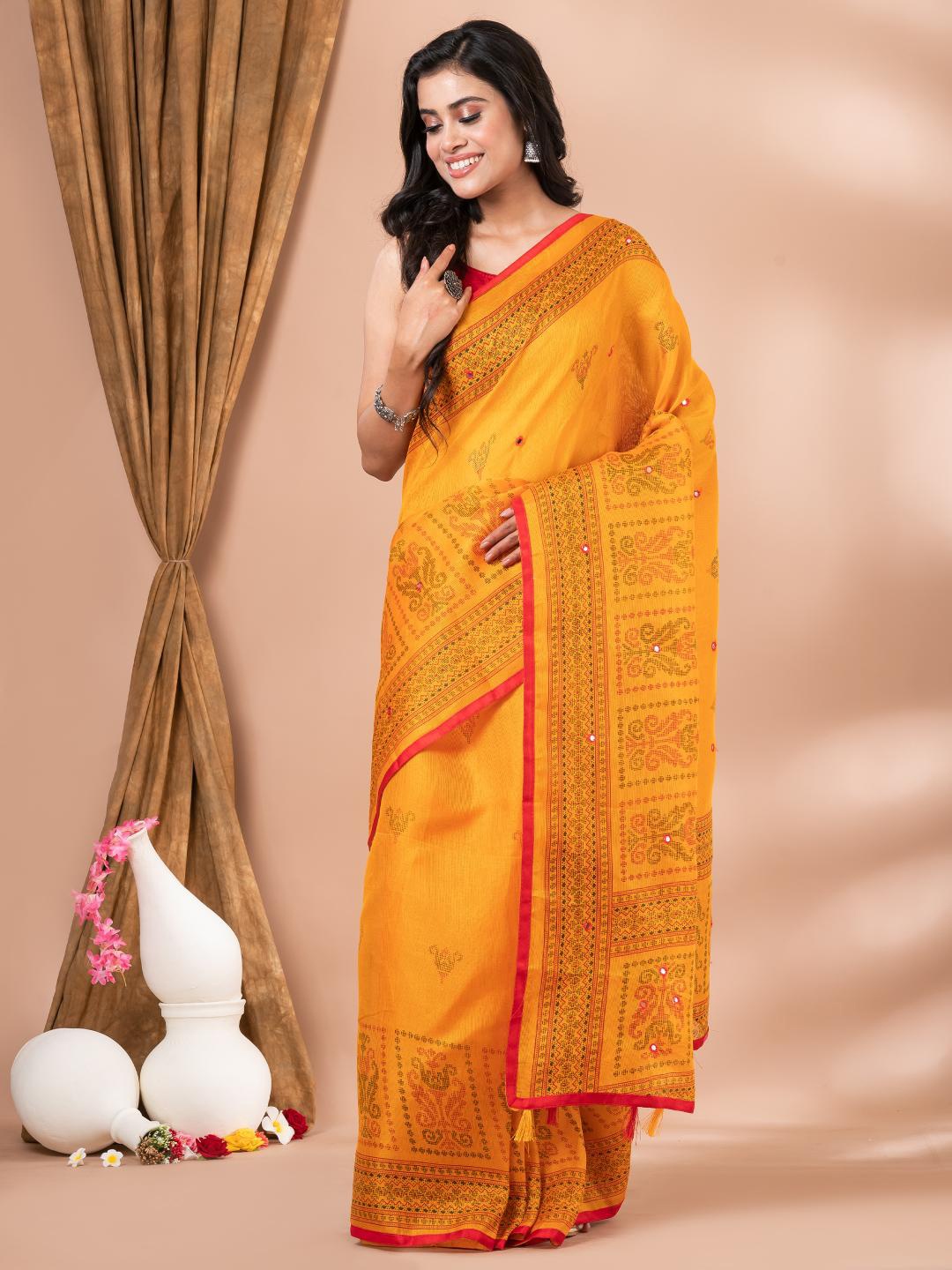 

MAHALASA Floral Embroidered Saree, Yellow