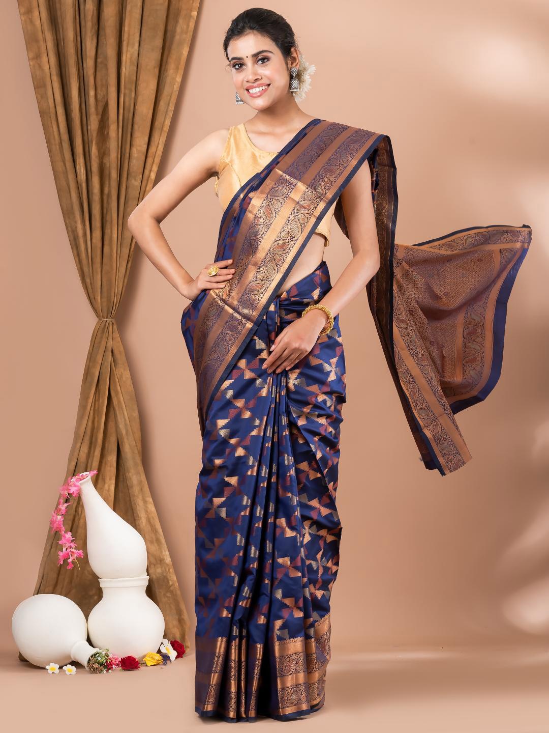 

MAHALASA Navy Blue and CopperToned thnic Woven Design Silk Cotton Saree