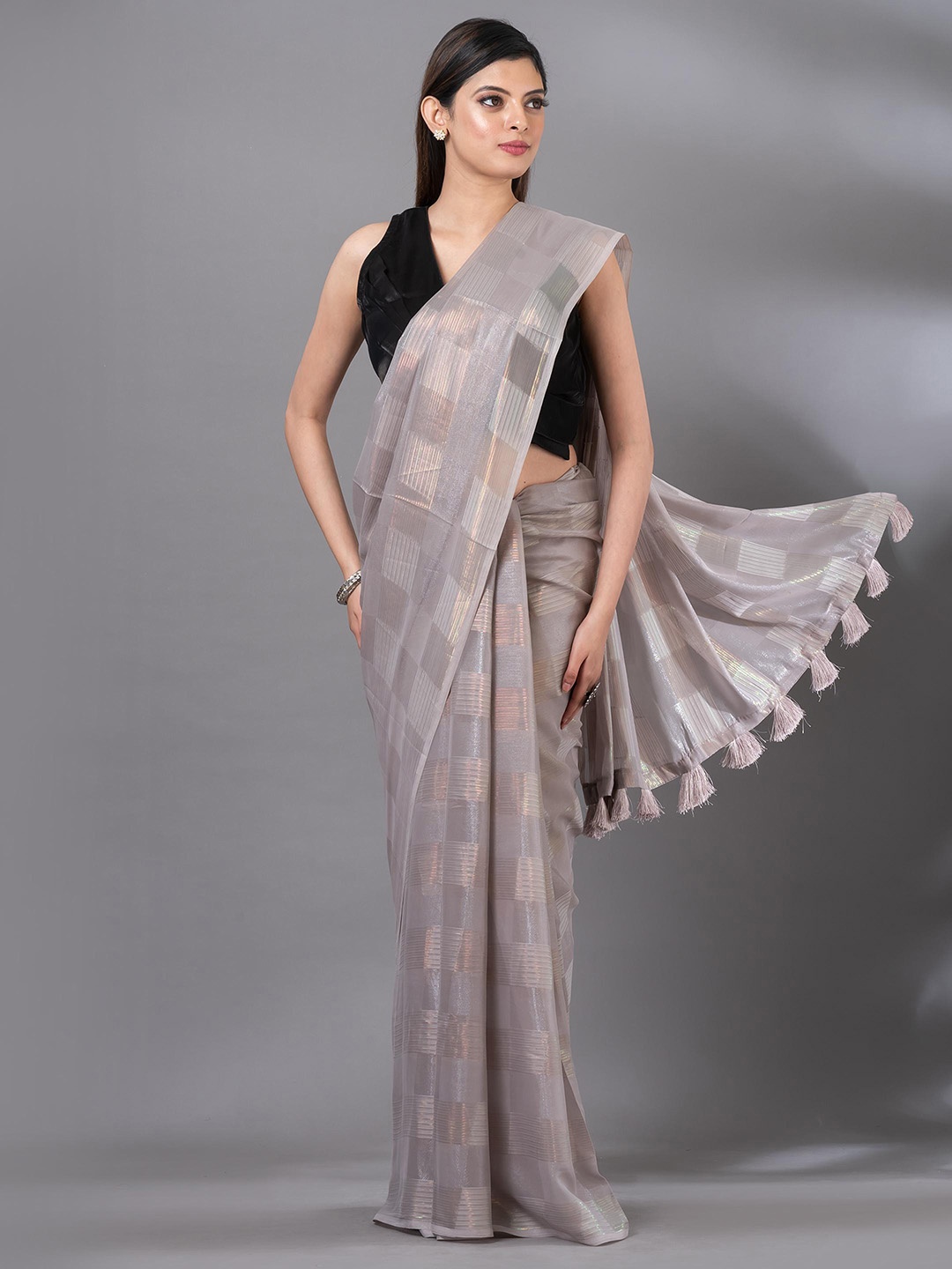 

MAHALASA Checked Striped Organza Saree, Grey
