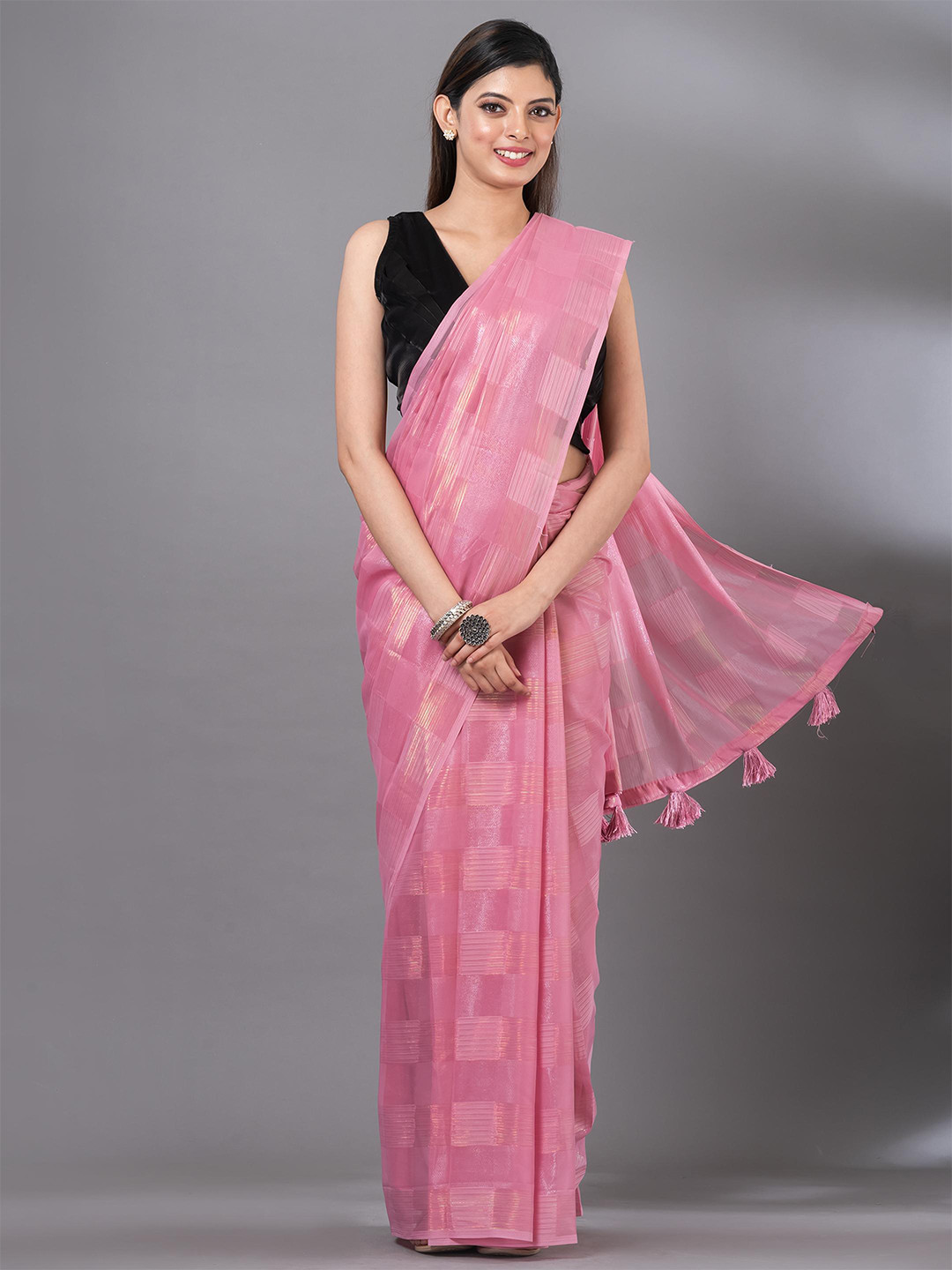 

MAHALASA Checked Striped Organza Saree, Pink