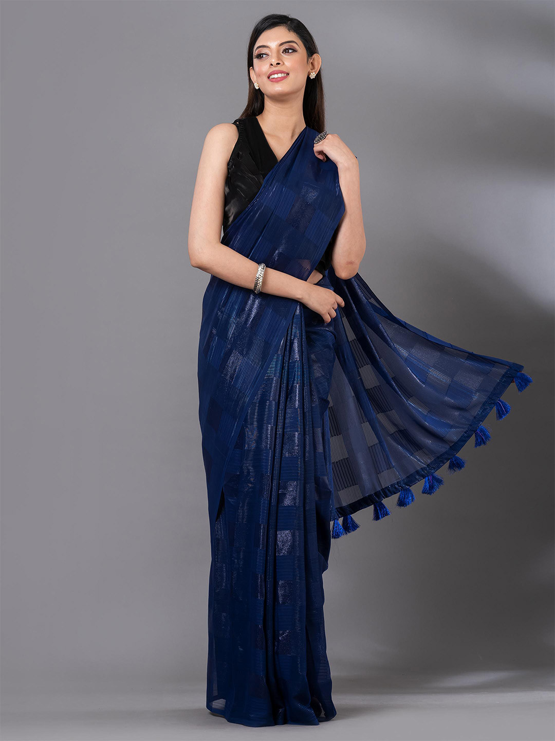

MAHALASA Navy Blue Checked Striped Embroidered Organza Saree