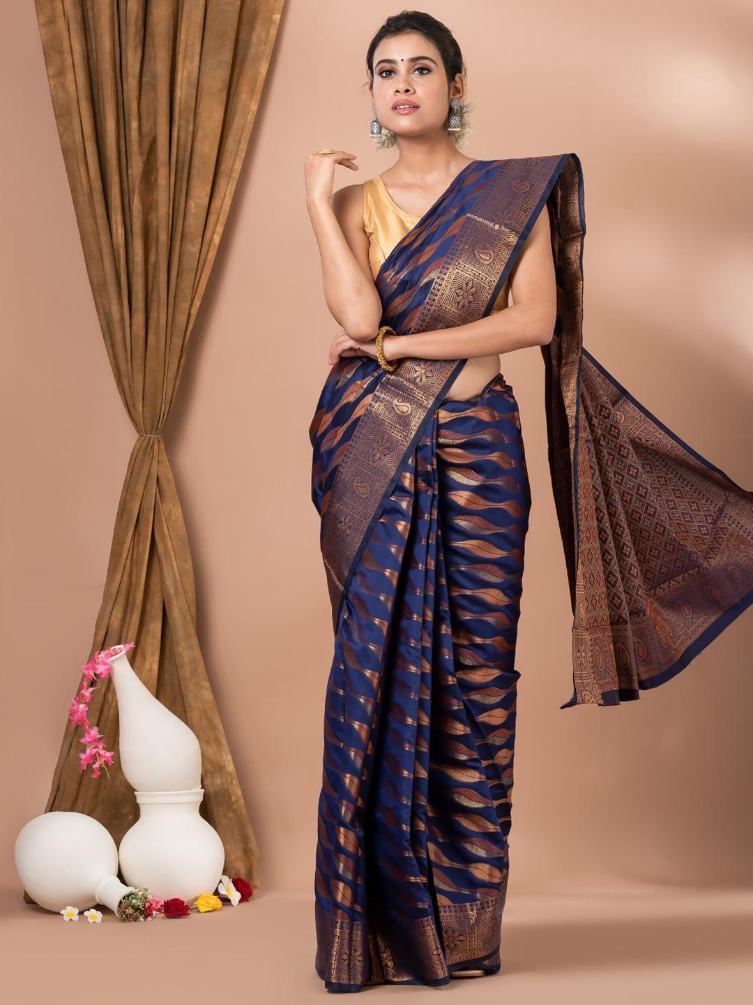 

MAHALASA Ethnic Motifs Woven Design Zari Silk Cotton Saree, Navy blue