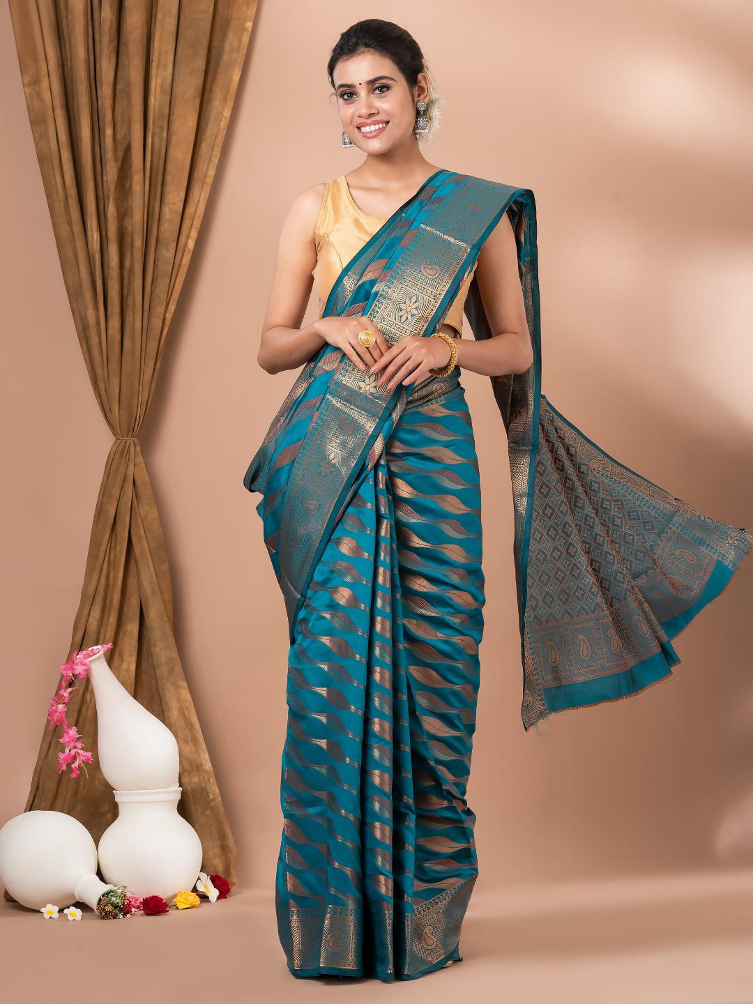 MAHALASA Sea Green and CopperToned Ethnic Woven Design Silk Cotton Saree