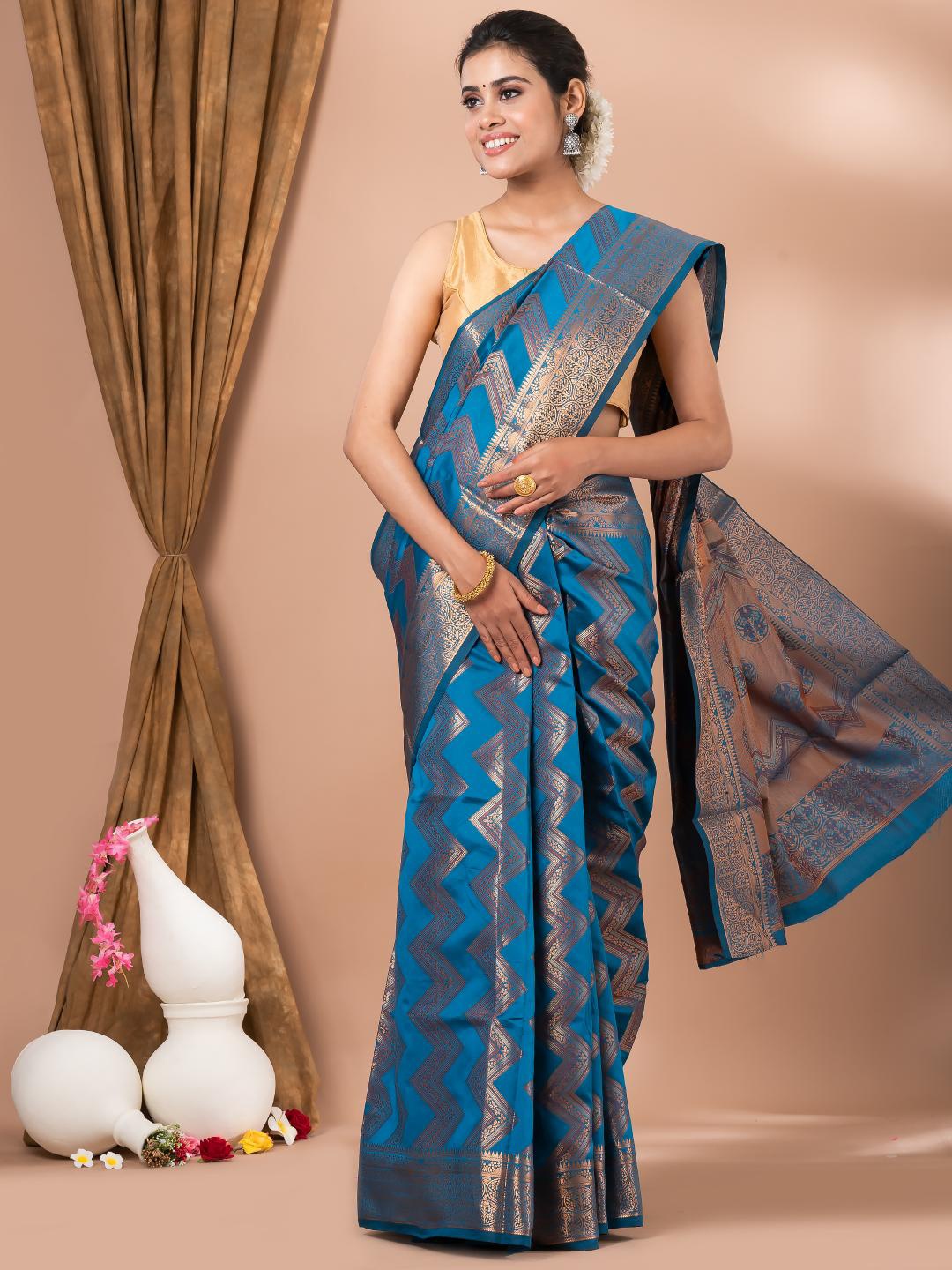 

MAHALASA Ethnic Motifs Woven Design Zari Silk Cotton Saree, Teal