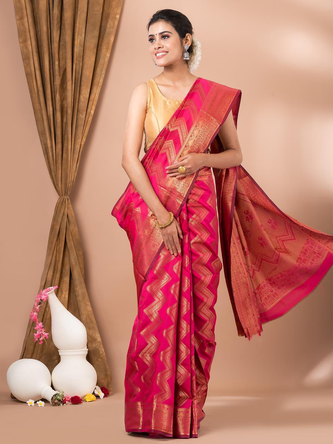 

MAHALASA Pink and GoldToned Ethnic Woven Design Silk Cotton Saree