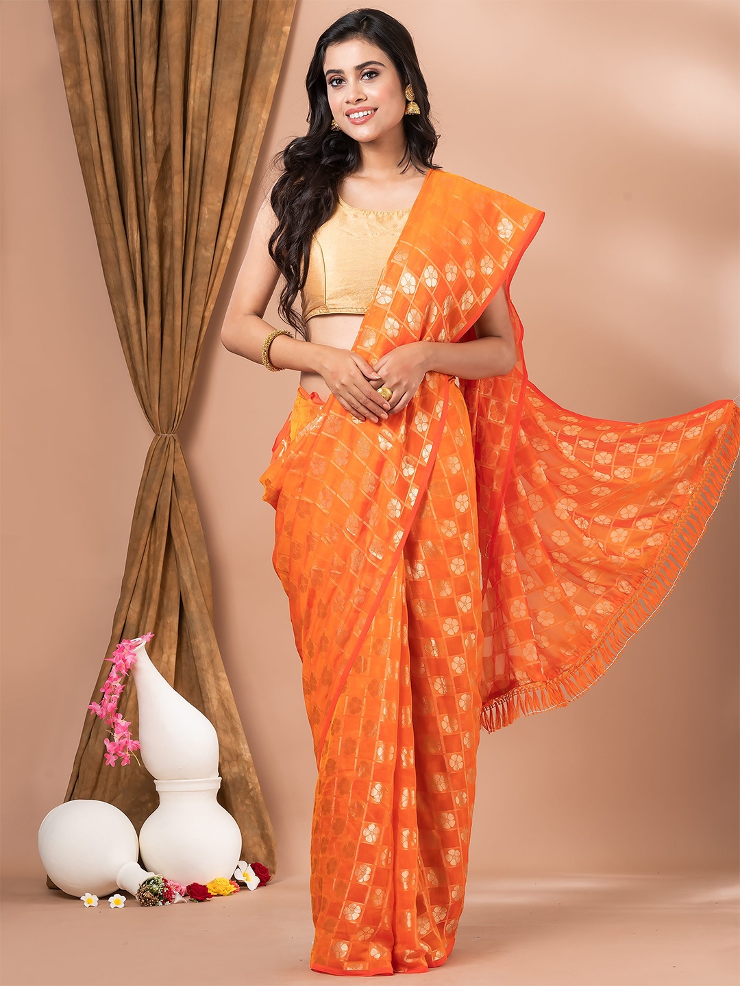 

MAHALASA Orange and GoldToned Floral Ethnic Woven Design Art Silk Saree