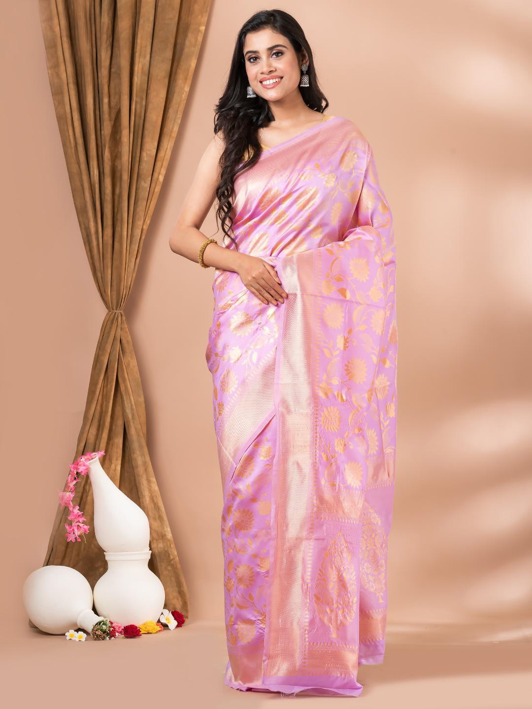

MAHALASA Floral Woven Design Zari Saree, Lavender