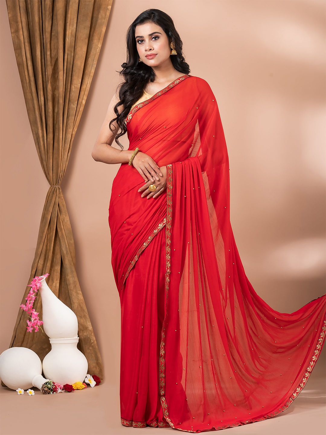 

MAHALASA Embroidered Woven Design Art Silk Saree, Red