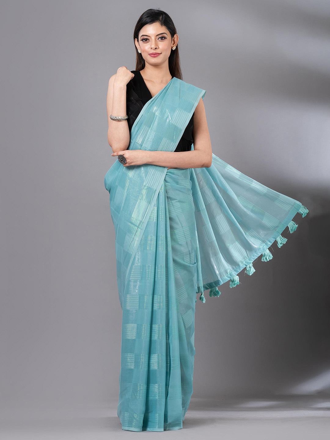 

MAHALASA Checked Striped Organza Saree, Blue