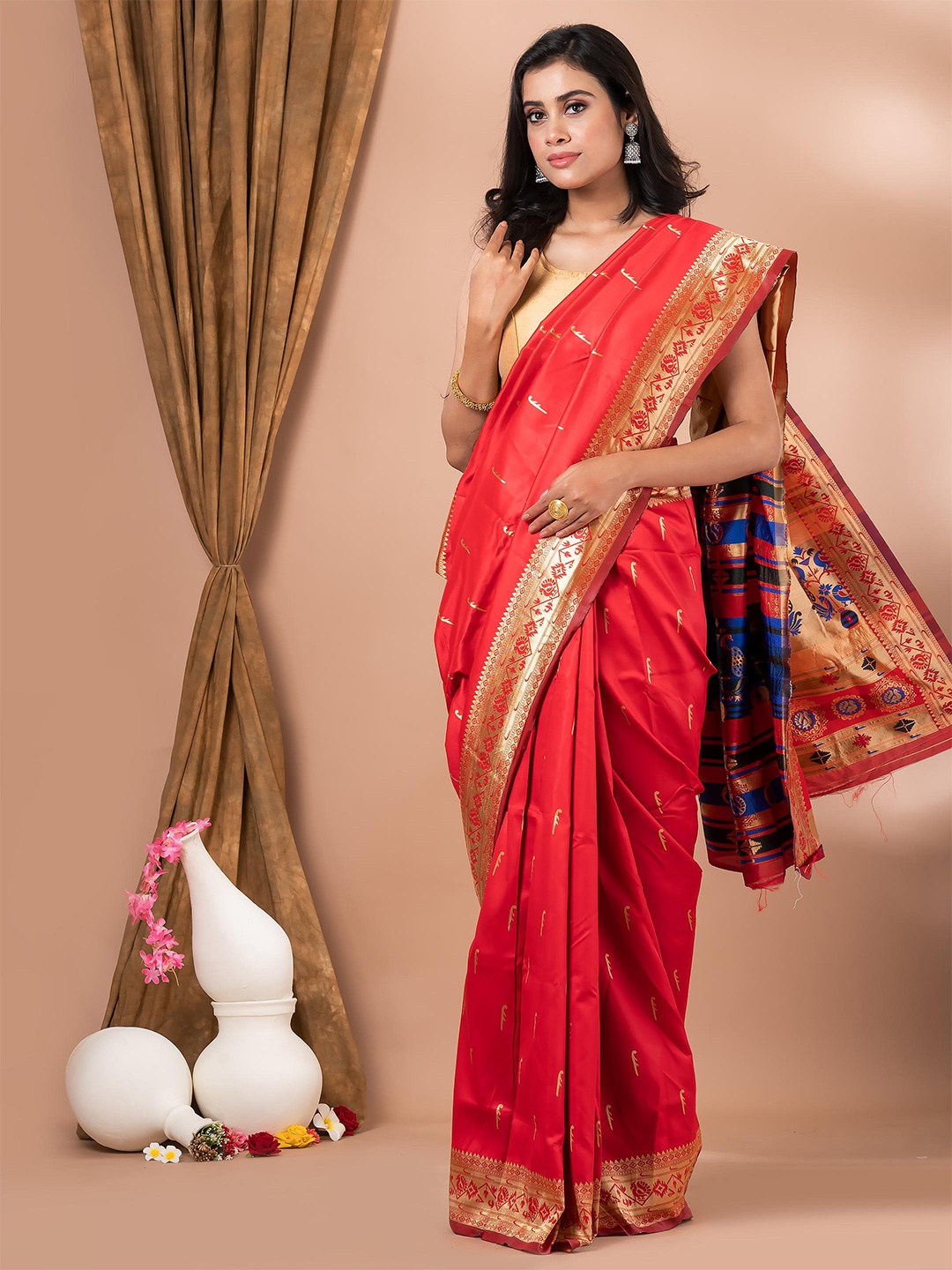 

MAHALASA Red and GoldToned Kalamkari Ethnic Woven Design Pure Cotton Saree