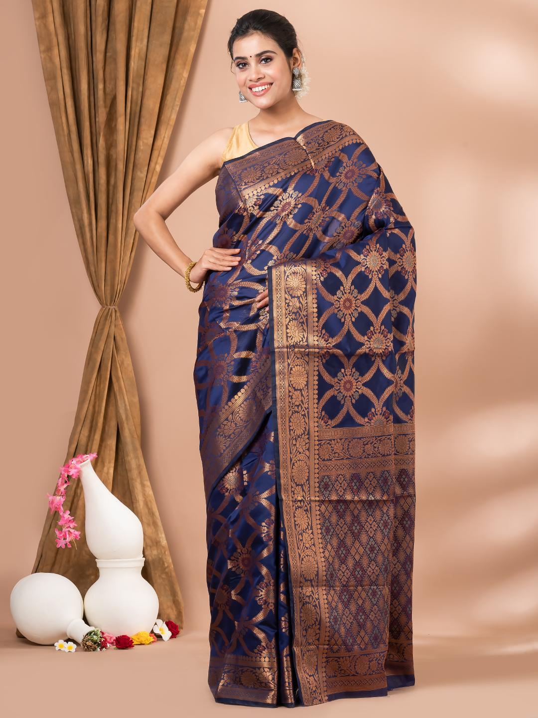 

MAHALASA Ethnic Motifs Woven Design Zari Silk Cotton Saree, Navy blue