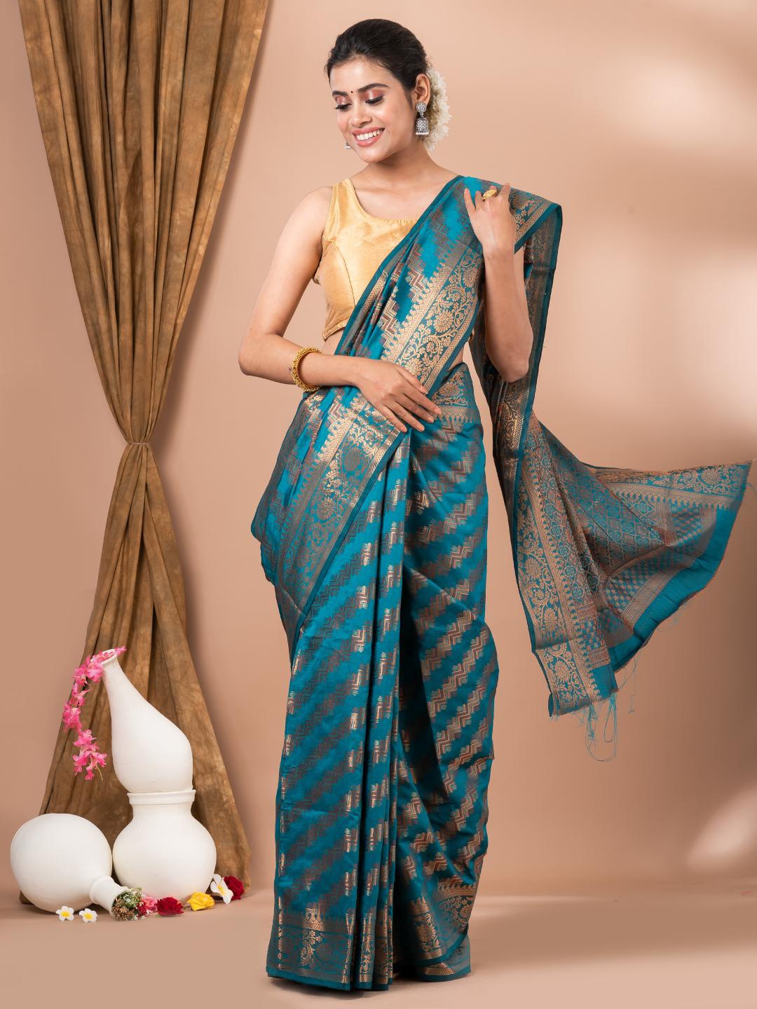 

MAHALASA Ethnic Motifs Woven Design Zari Silk Cotton Saree, Sea green